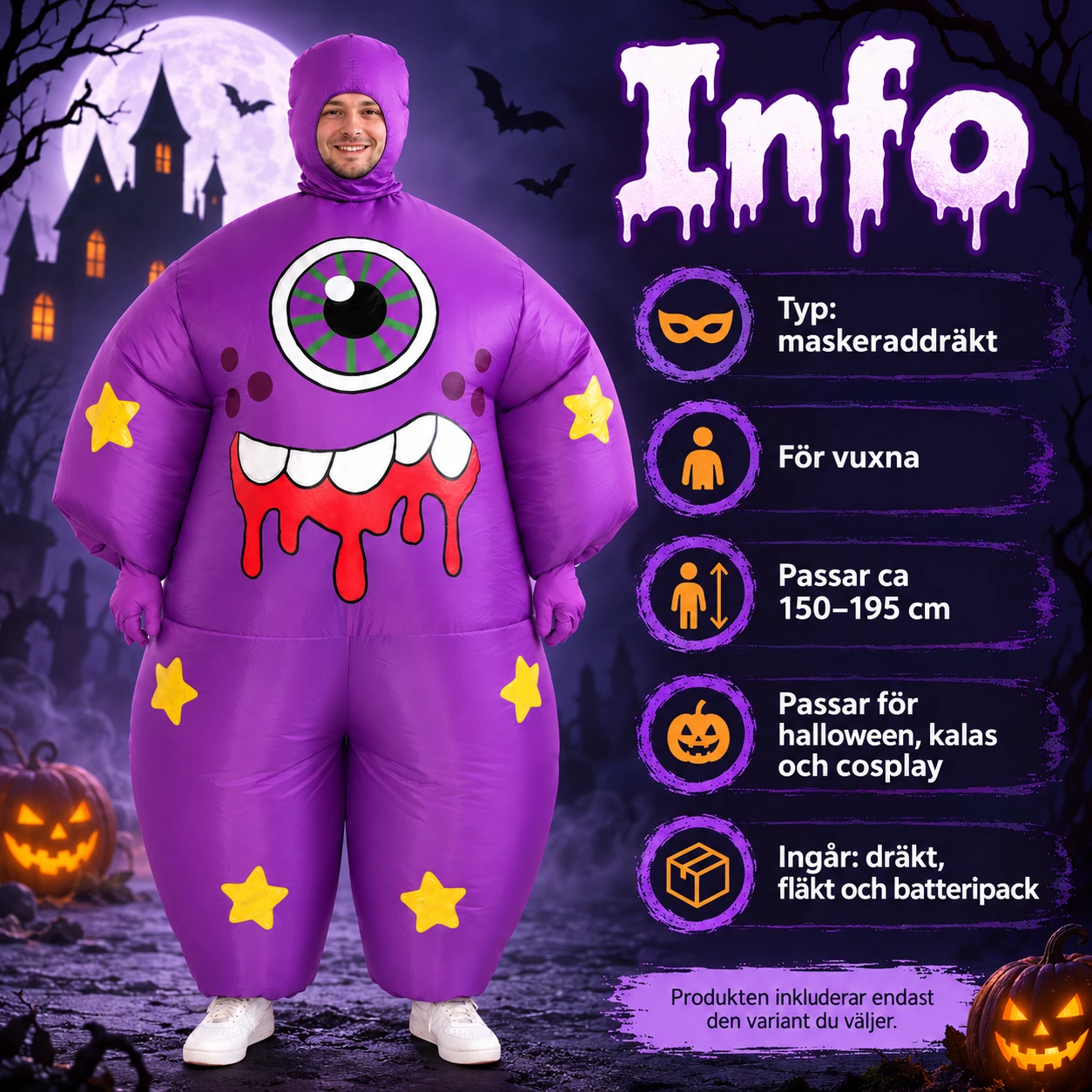 Uppblåsbar Lila Enögd Monster Maskeraddräkt för Vuxna