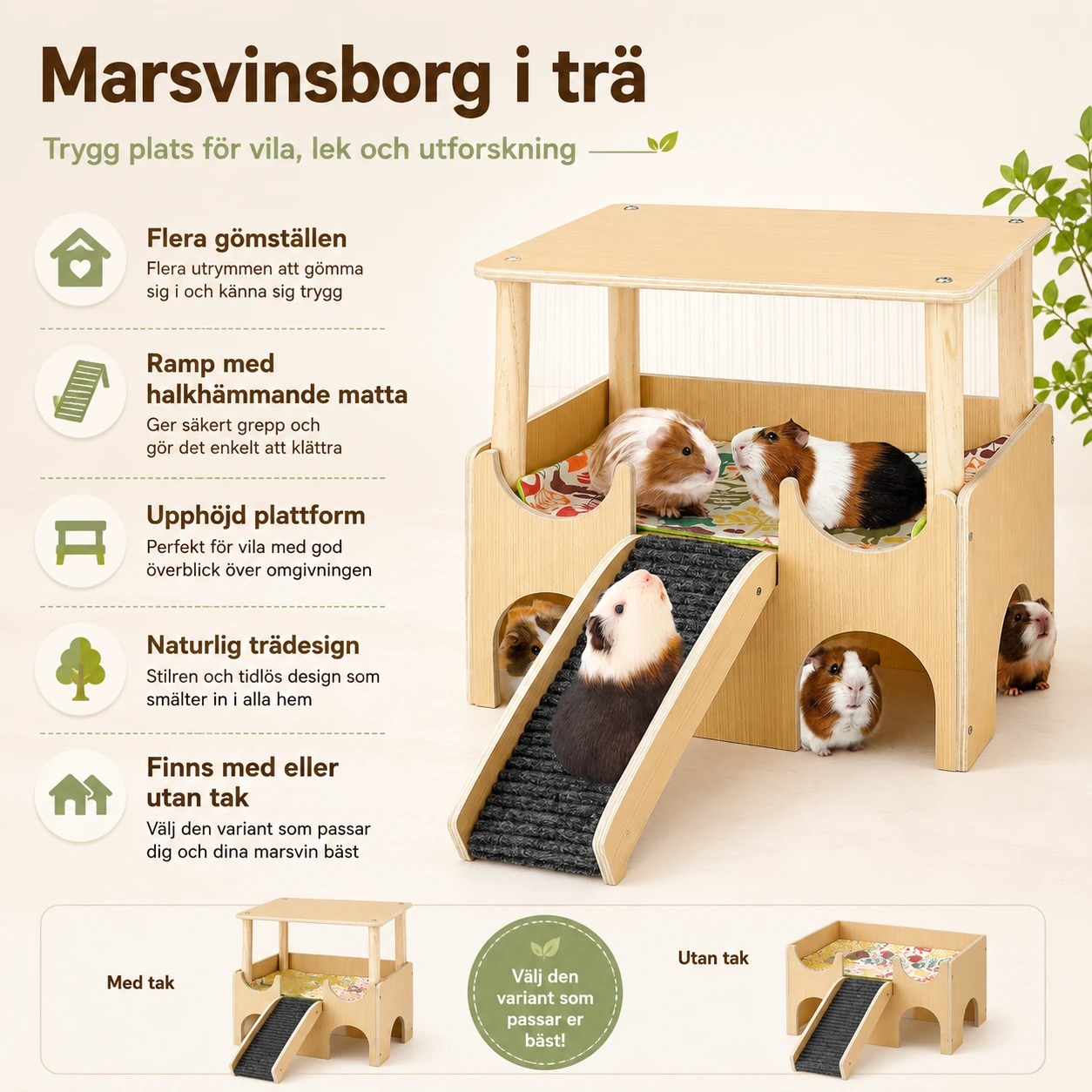 Trähus för smådjur med ramp och gömställe