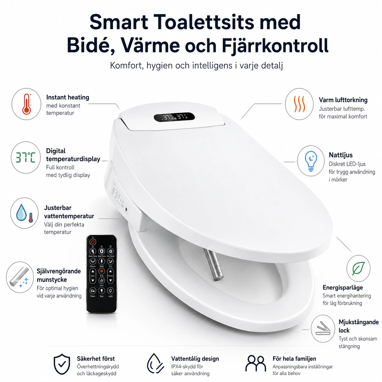 Smart Toalettsits med Bidé, Värme och Fjärrkontroll