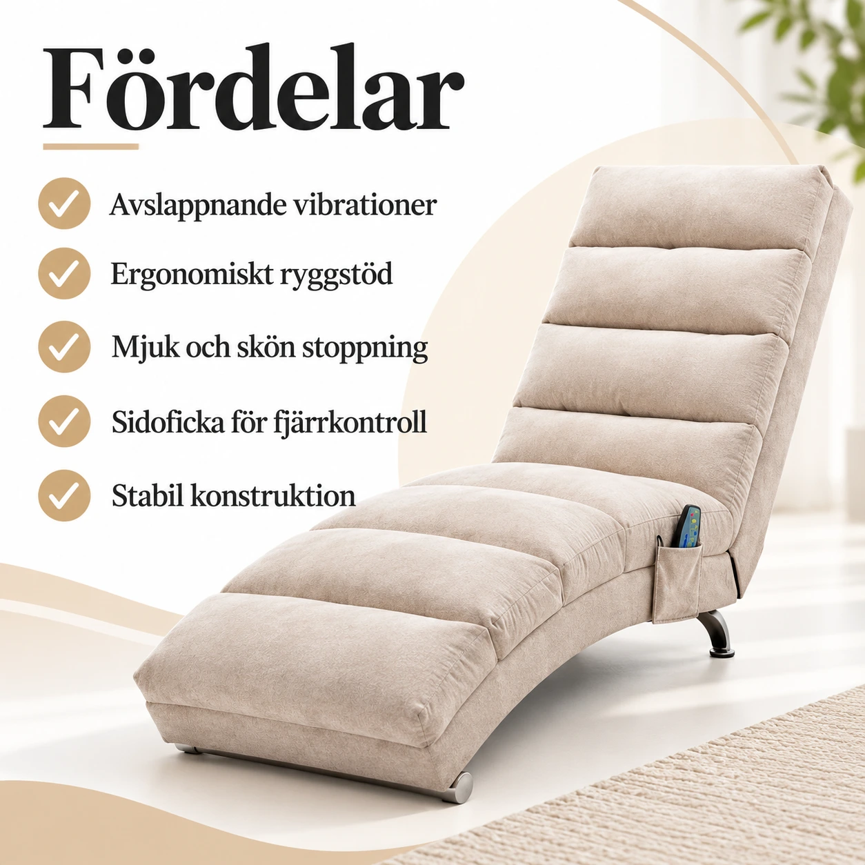 Massageloungestol med vibrationsfunktion och sidoficka