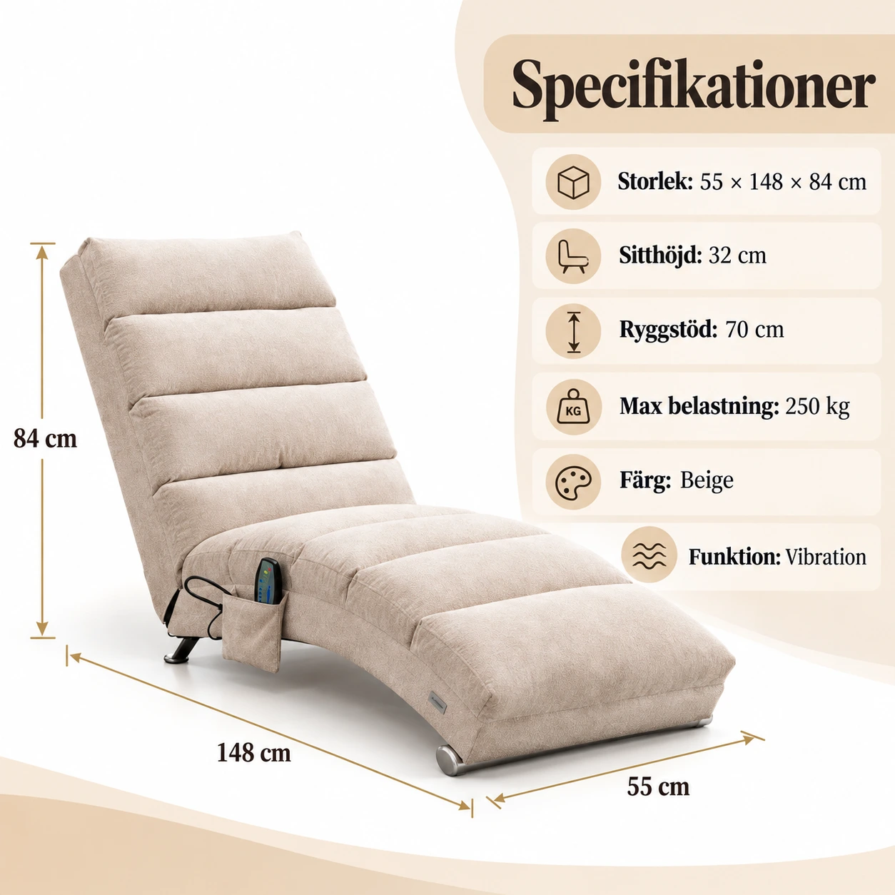 Massageloungestol med vibrationsfunktion och sidoficka