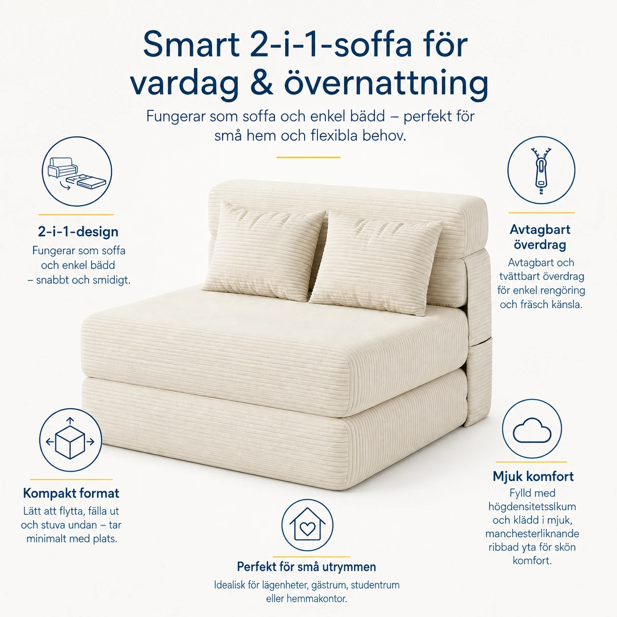 Bäddsoffa 2-i-1 för små utrymmen med avtagbart överdrag
