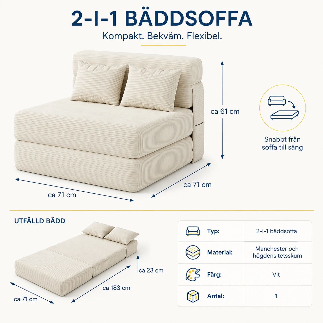 Bäddsoffa 2-i-1 för små utrymmen med avtagbart överdrag
