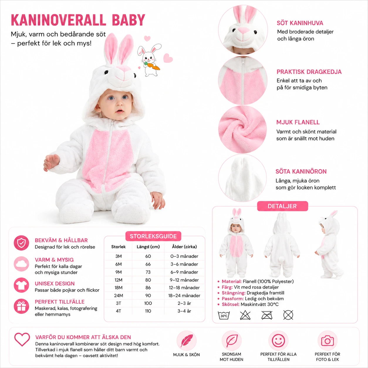 Kanindräkt Vit Baby – Mjuk Flanelloverall med Rosa Detaljer