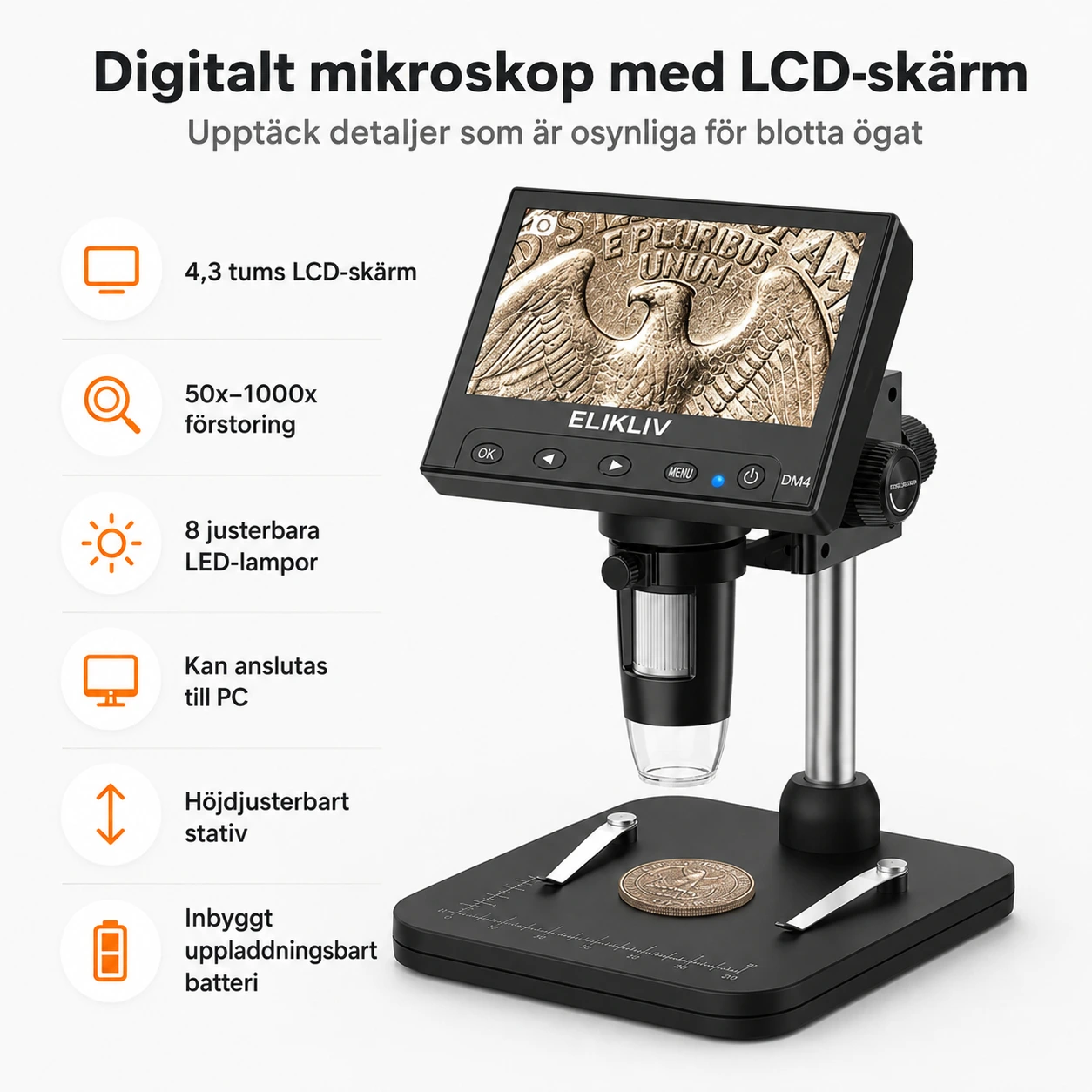 Digitalt mikroskop med 4,3 tums LCD och LED-belysning