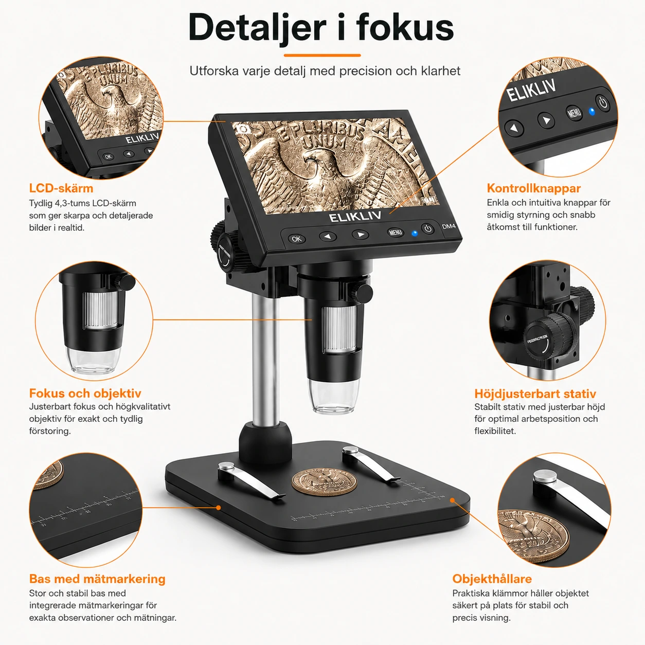 Digitalt mikroskop med 4,3 tums LCD och LED-belysning