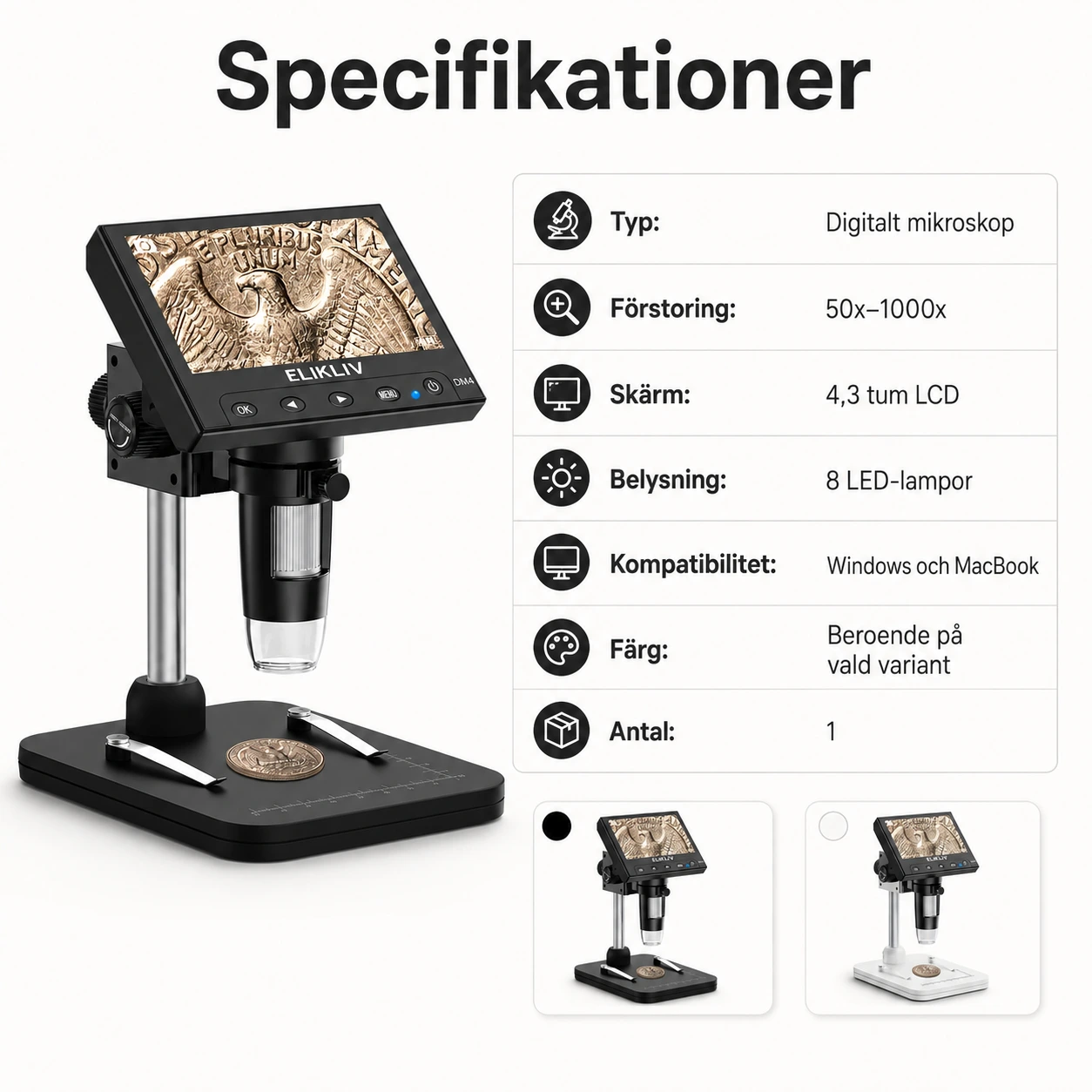 Digitalt mikroskop med 4,3 tums LCD och LED-belysning
