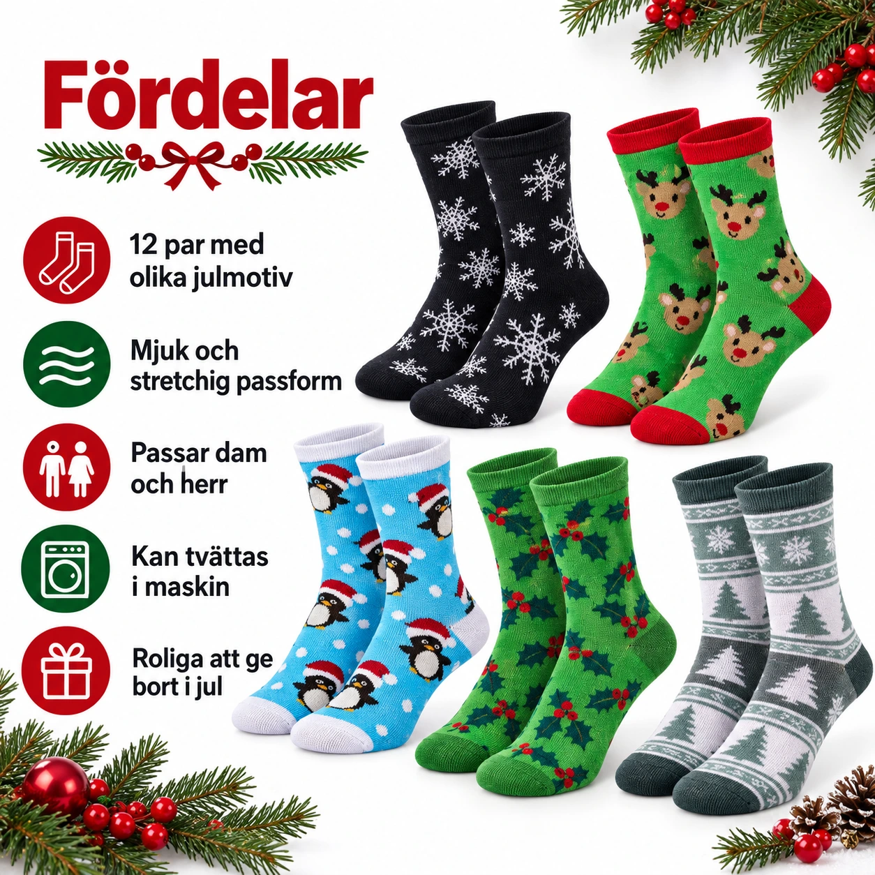 Julsockor i 12-pack för dam och herr