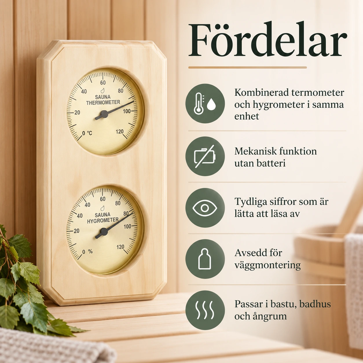 Bastutermometer och hygrometer för vägg, mekanisk