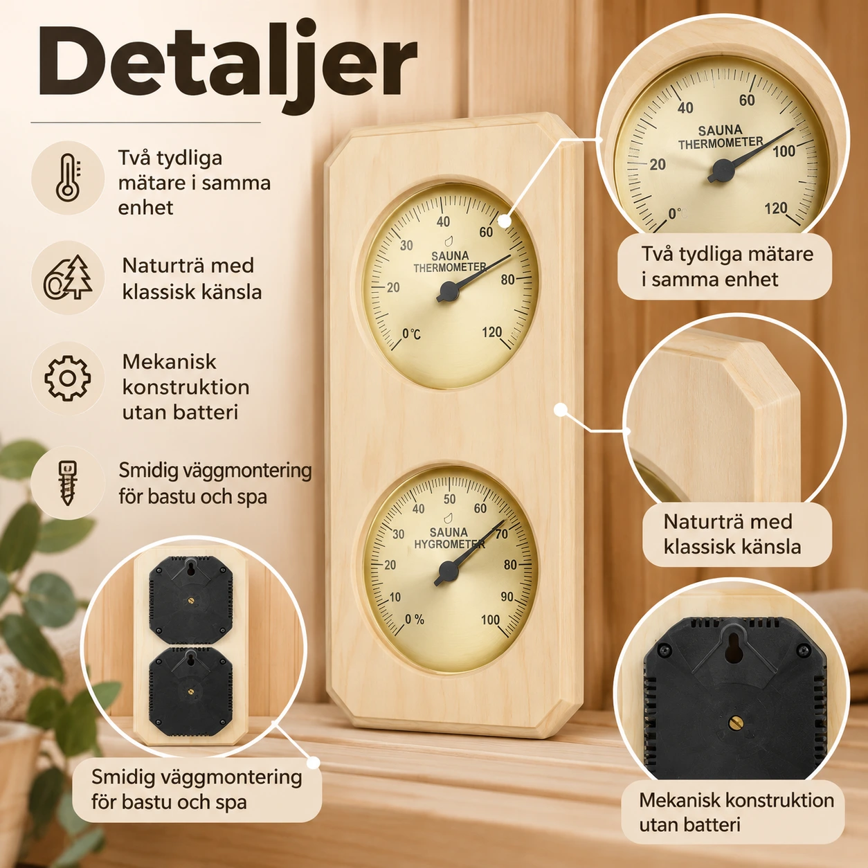 Bastutermometer och hygrometer för vägg, mekanisk