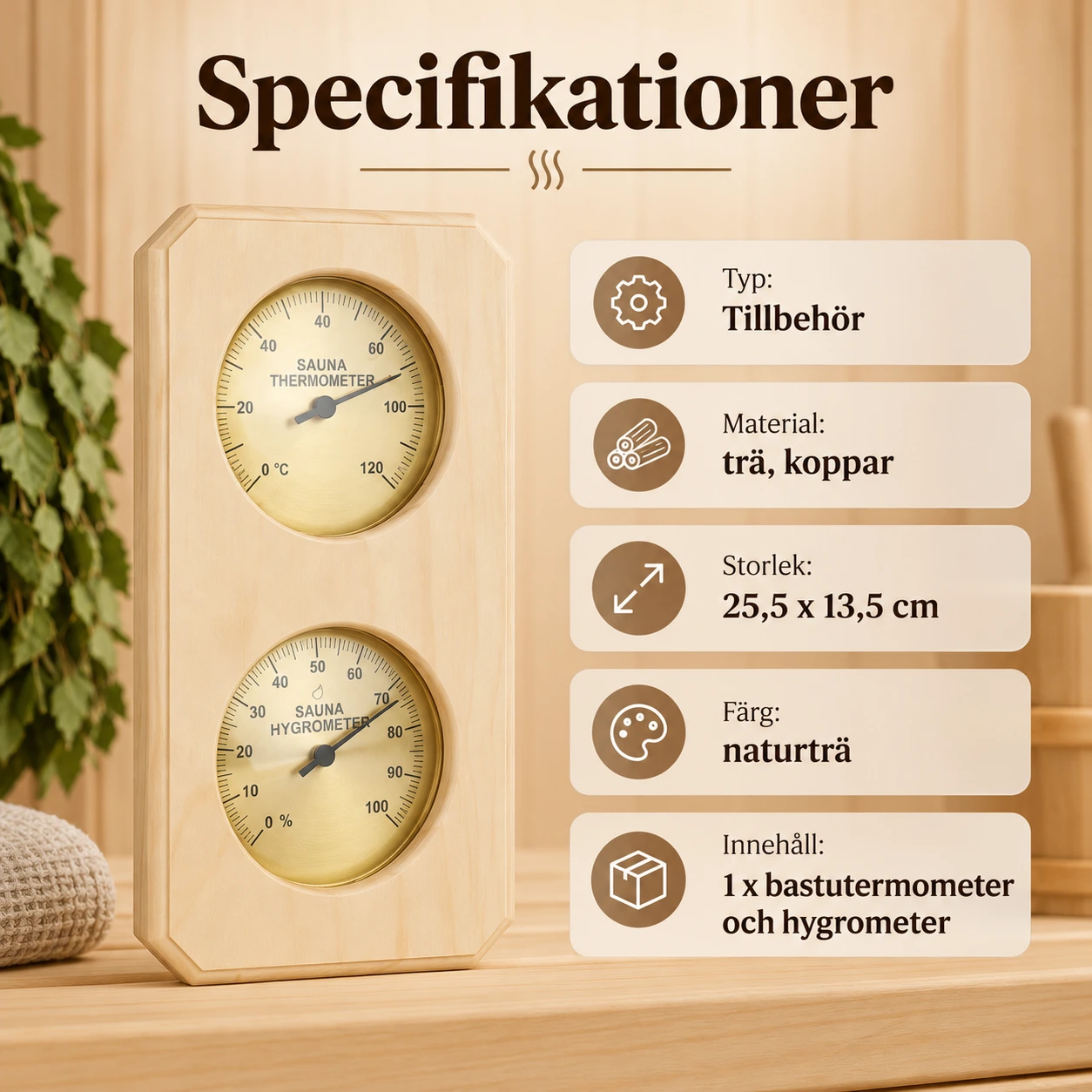 Bastutermometer och hygrometer för vägg, mekanisk