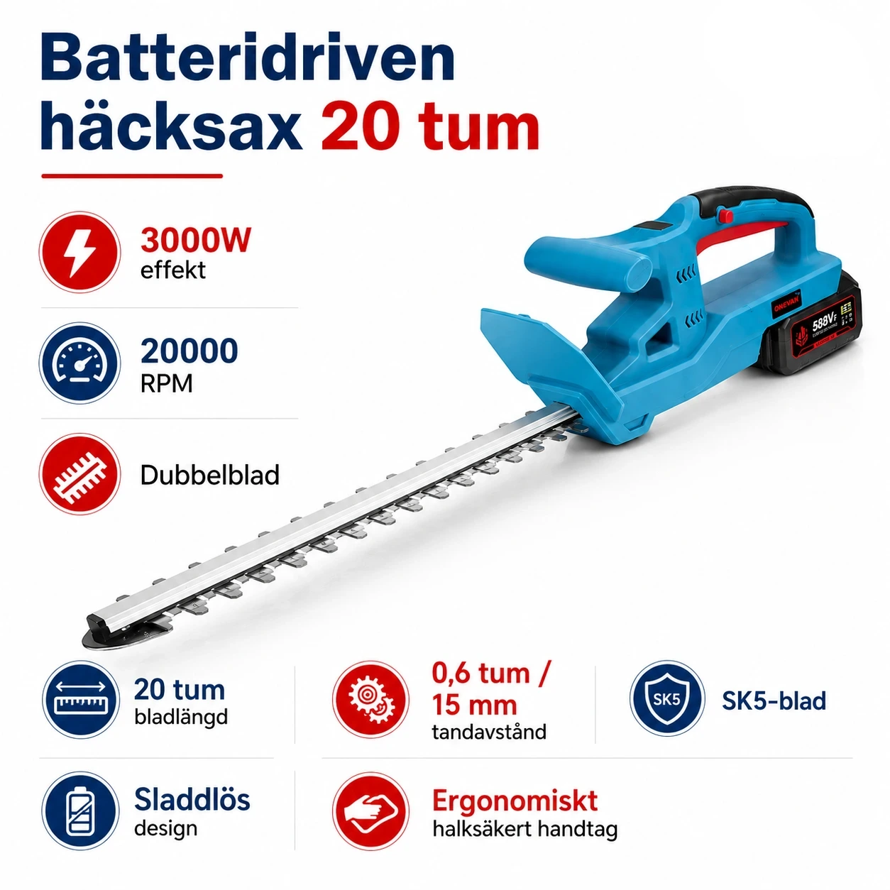 Häcksax Batteridriven 20 tum – 3000W Dubbelblad