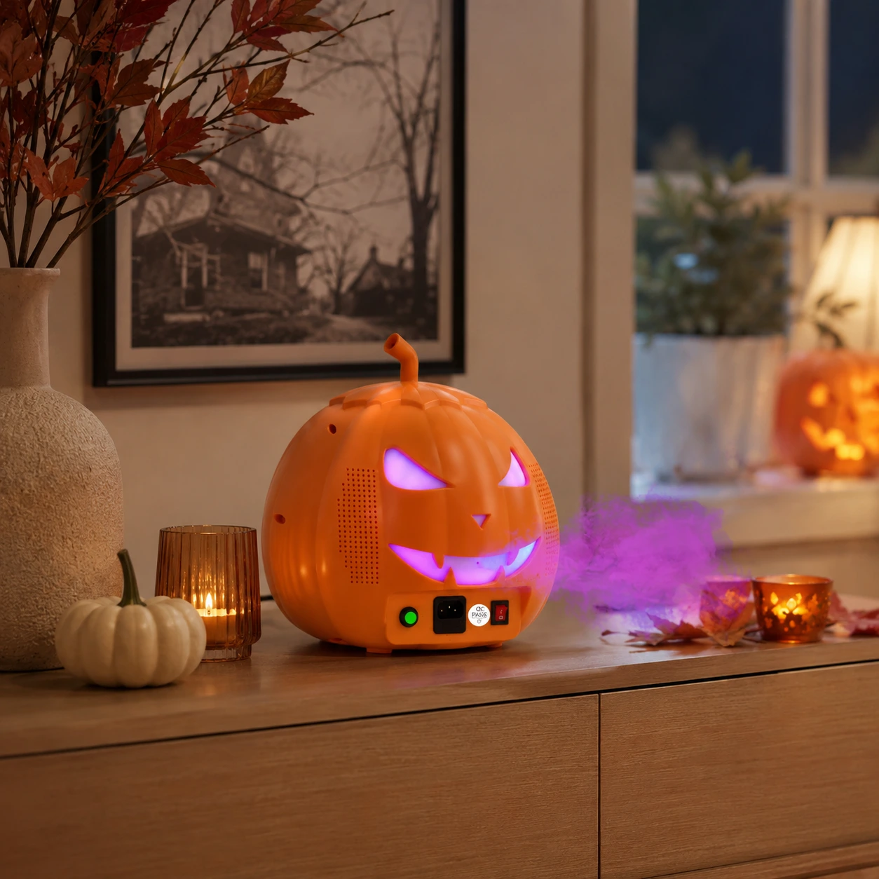Halloween rökmaskin i pumpaform med RGB-belysning
