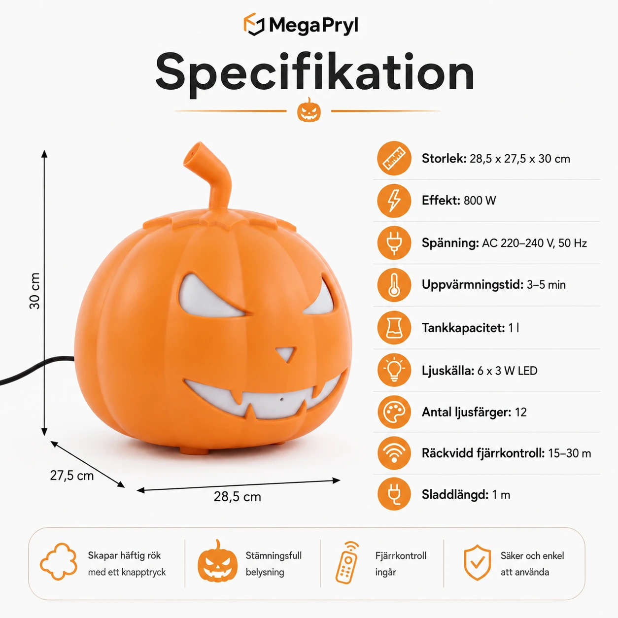 Halloween rökmaskin i pumpaform med RGB-belysning