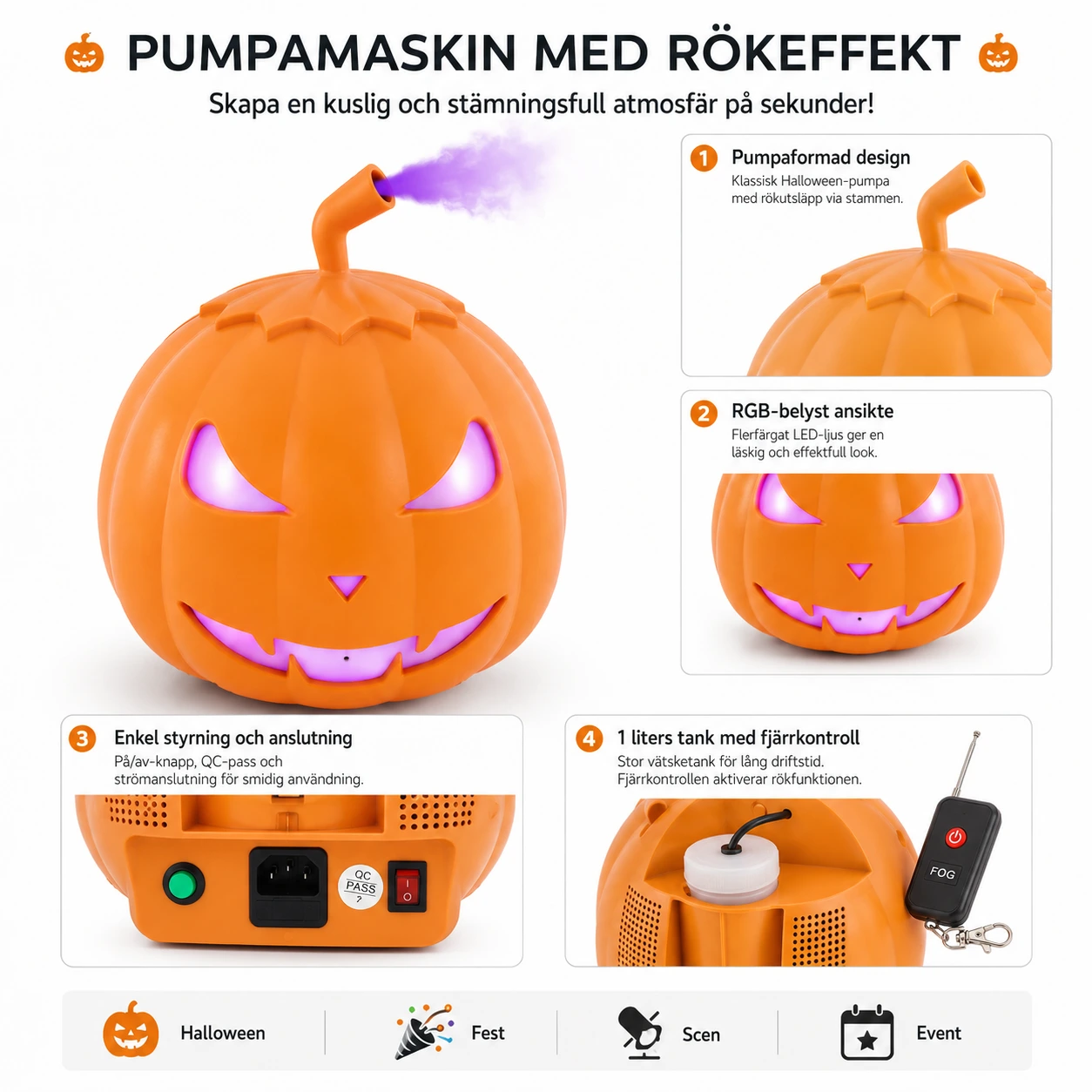 Halloween rökmaskin i pumpaform med RGB-belysning