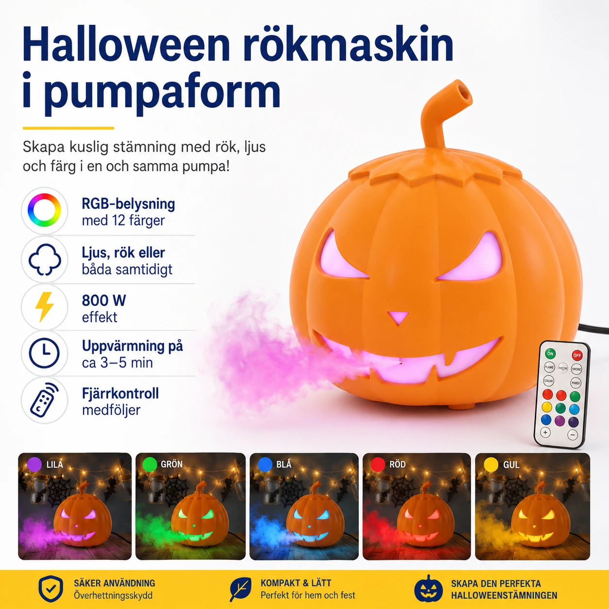 Halloween rökmaskin i pumpaform med RGB-belysning