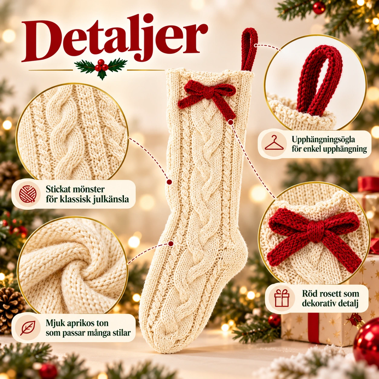 Julstrumpa för juldekoration 39 cm med rosett