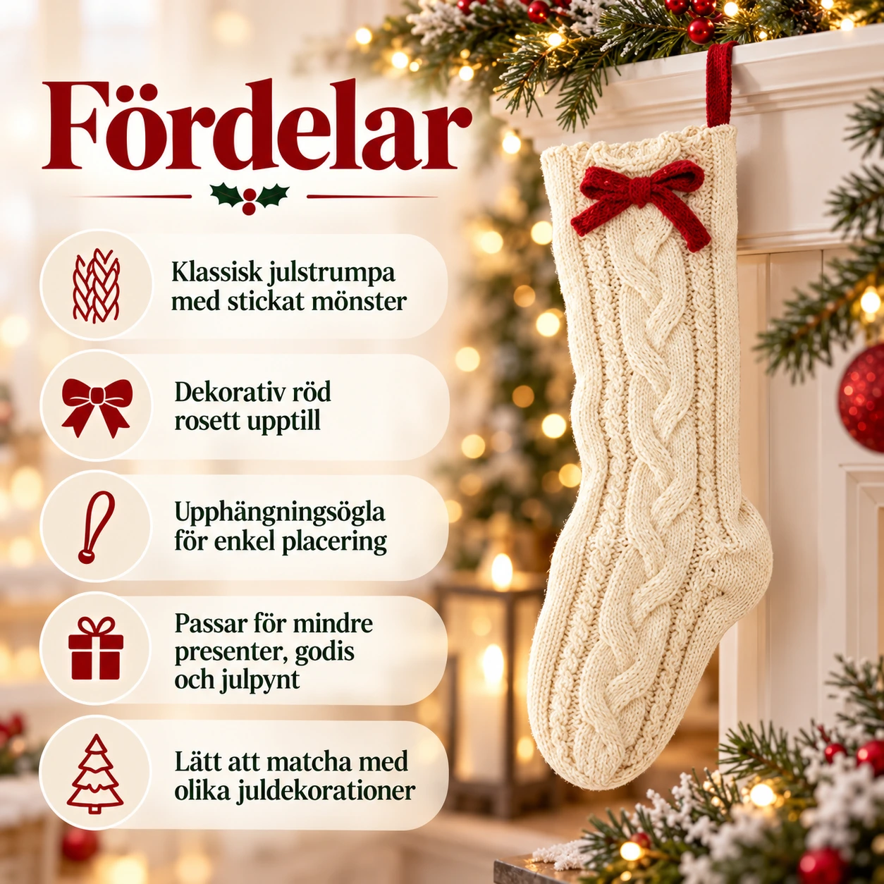 Julstrumpa för juldekoration 39 cm med rosett