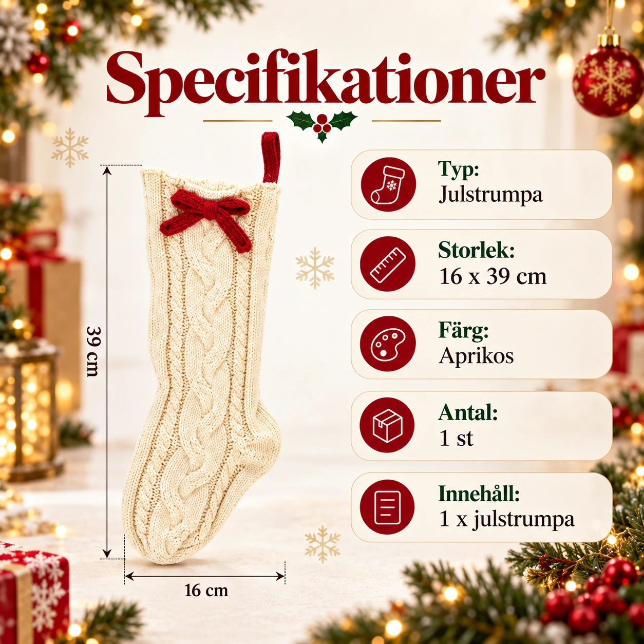 Julstrumpa för juldekoration 39 cm med rosett