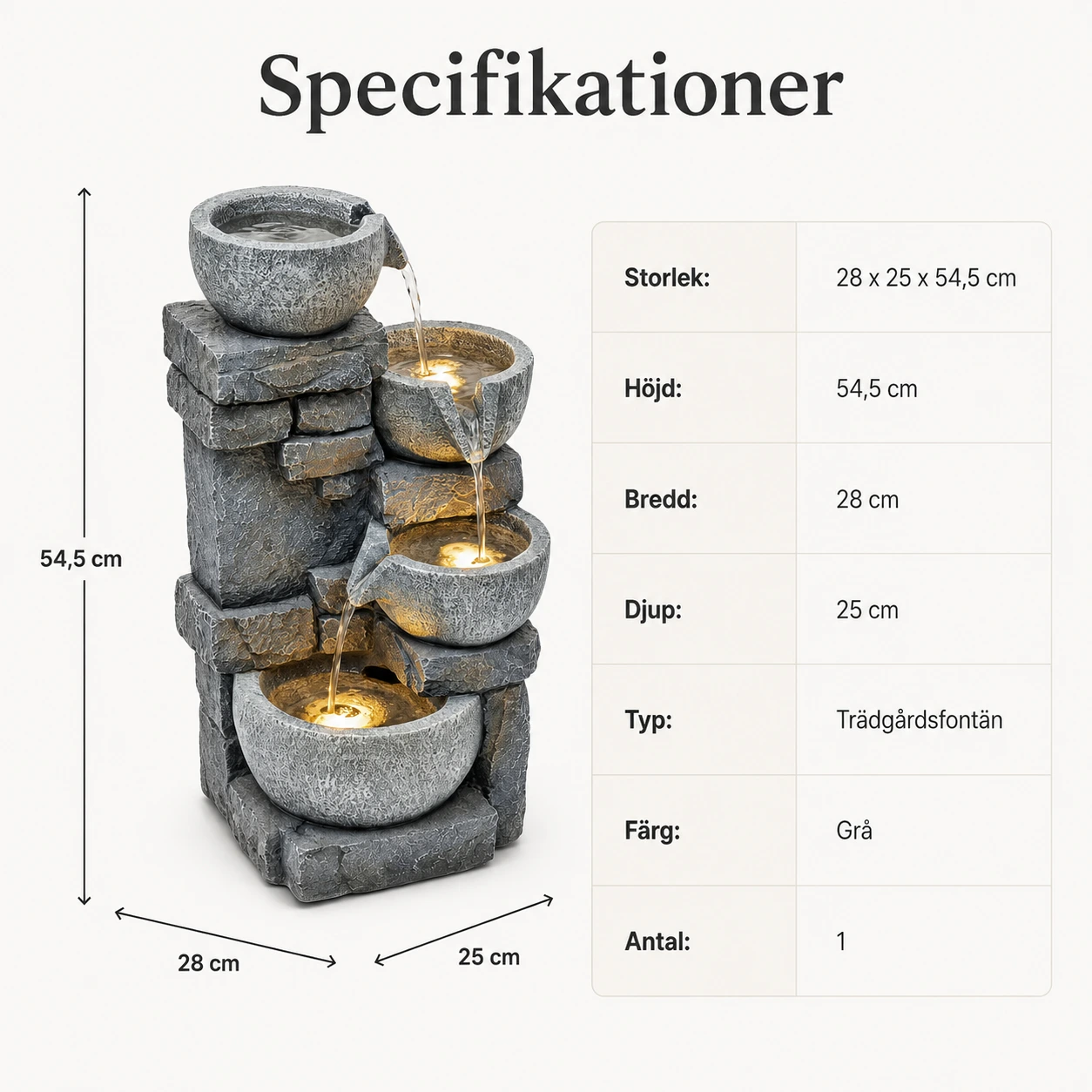 Trädgårdsfontän i kaskad med LED-belysning