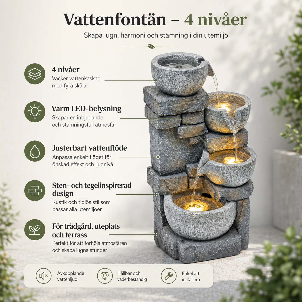Trädgårdsfontän i kaskad med LED-belysning