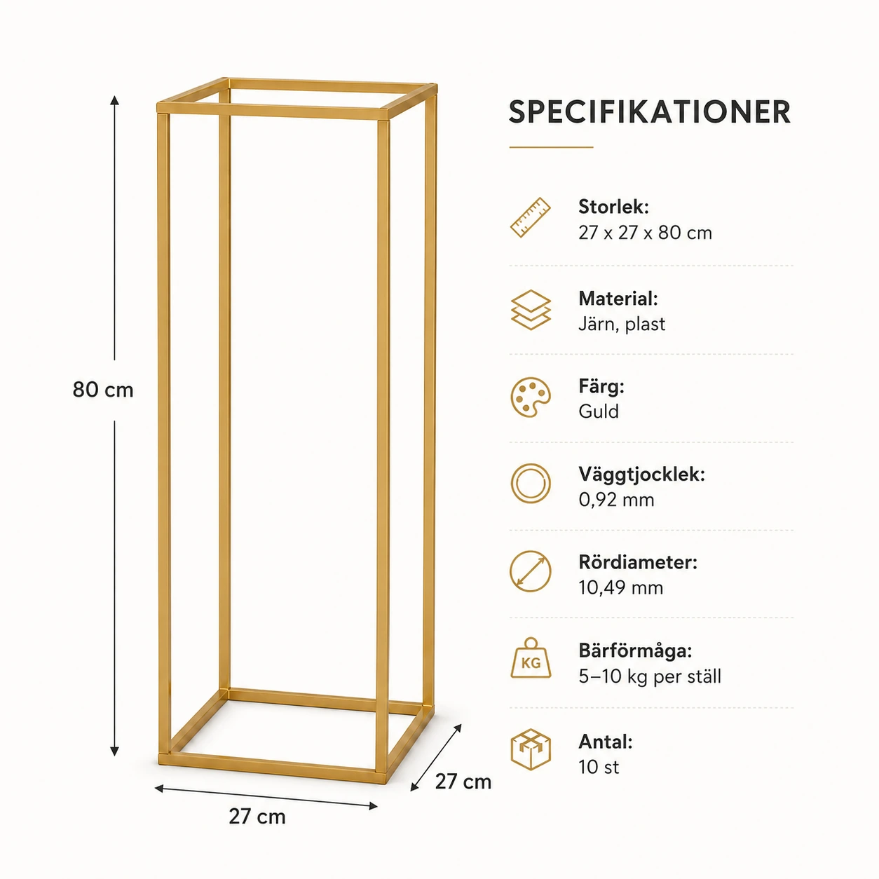 Blomsterställ i Metall Guld 10-pack – 80 cm