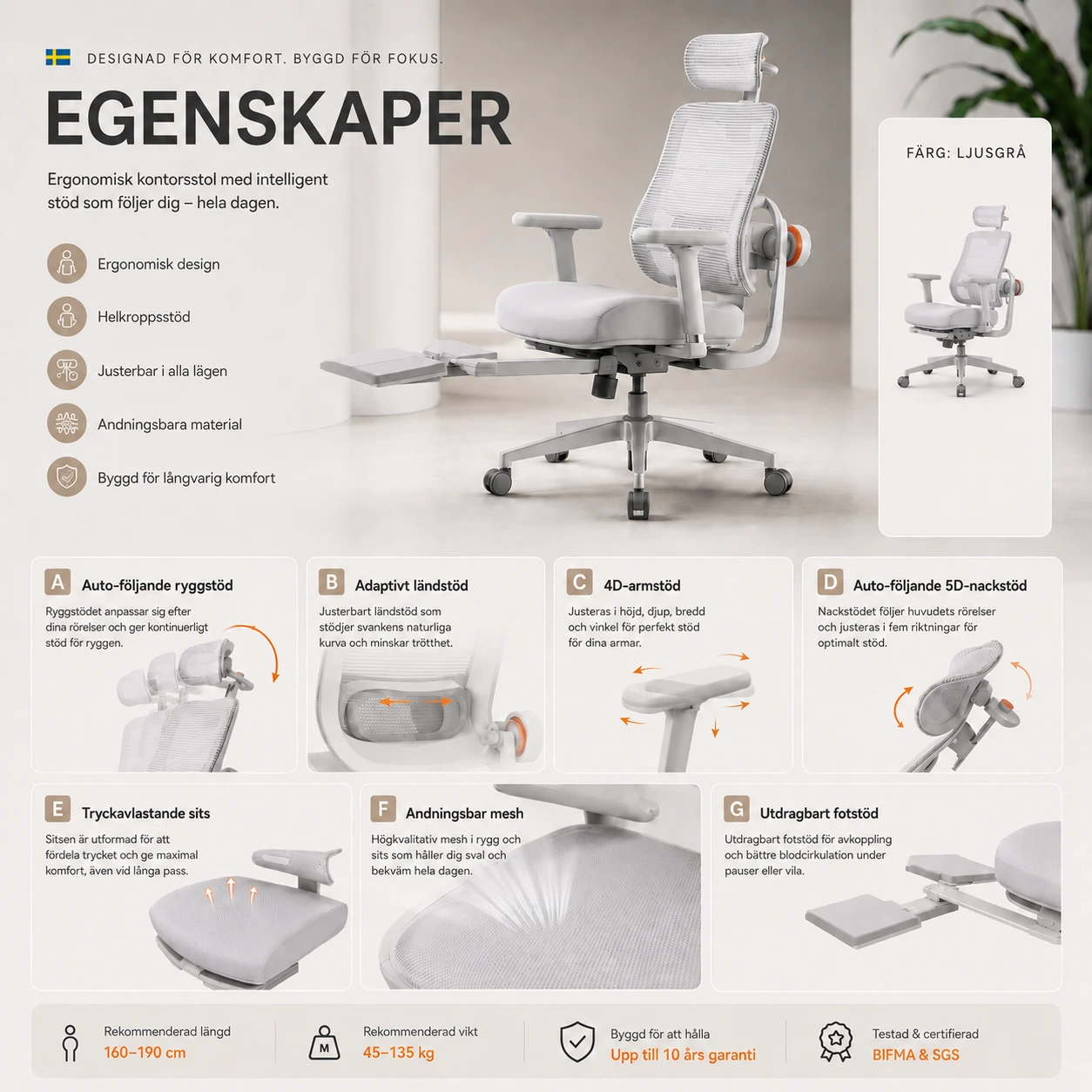 Ergonomisk Kontorsstol med Fotstöd och Nät