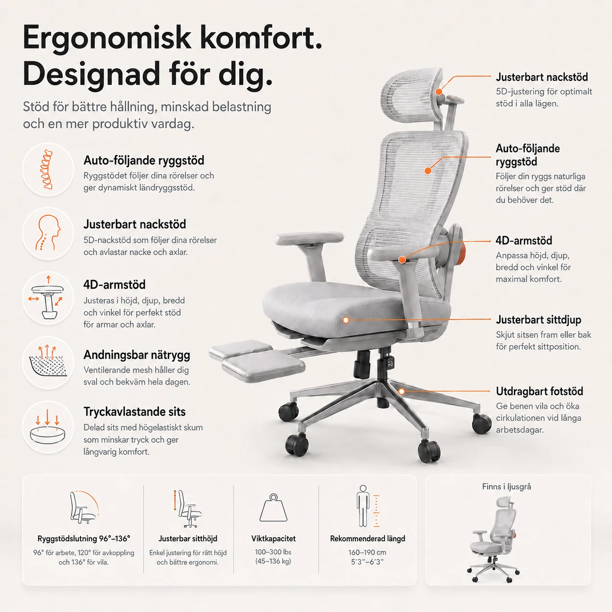 Ergonomisk Kontorsstol med Fotstöd och Nät