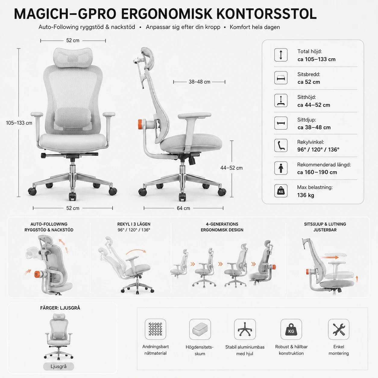 Ergonomisk Kontorsstol med Fotstöd och Nät