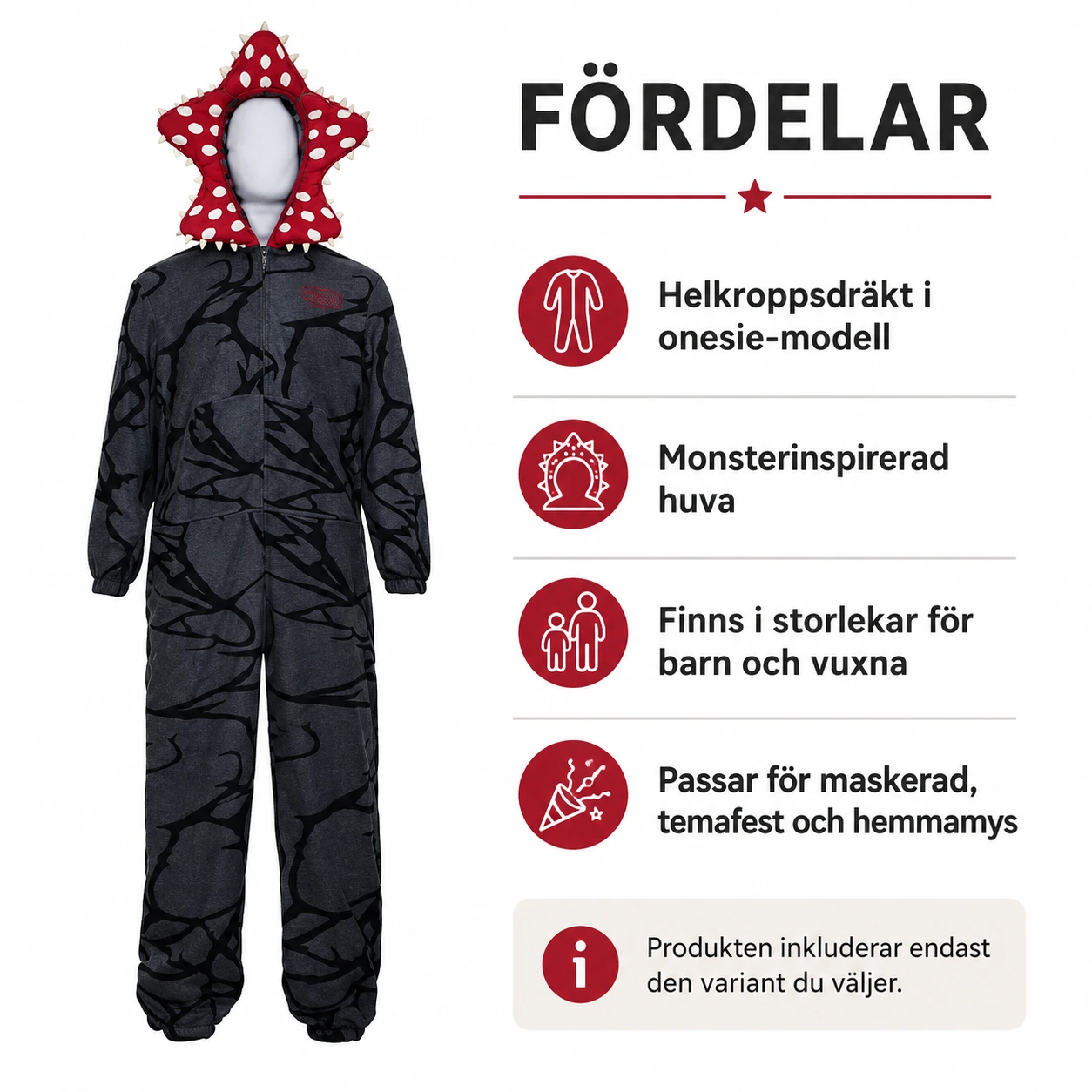 Onesie med monsterhuva för vuxna och barn