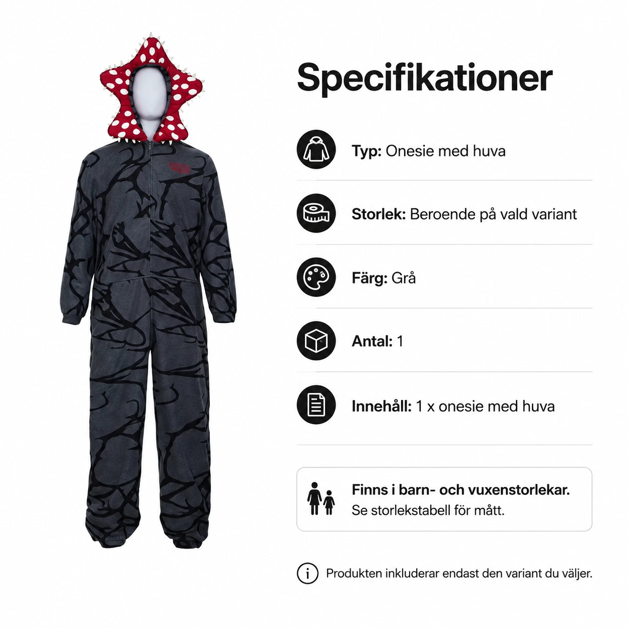 Onesie med monsterhuva för vuxna och barn