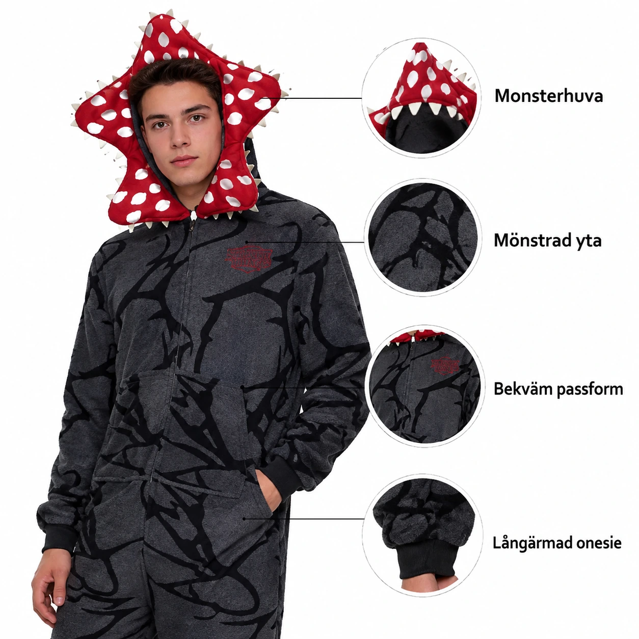 Onesie med monsterhuva för vuxna och barn