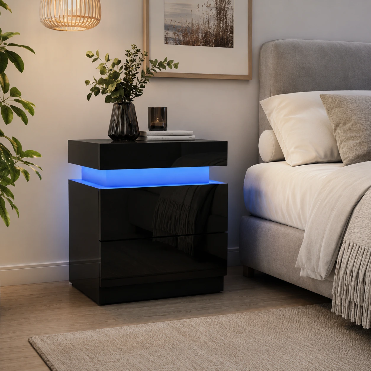 Sängbord med LED-belysning och 2 lådor