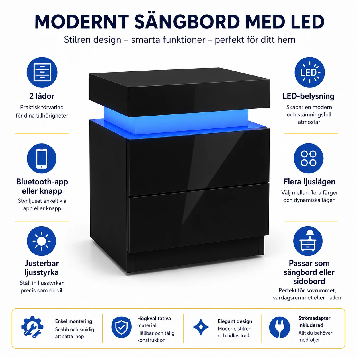 Sängbord med LED-belysning och 2 lådor