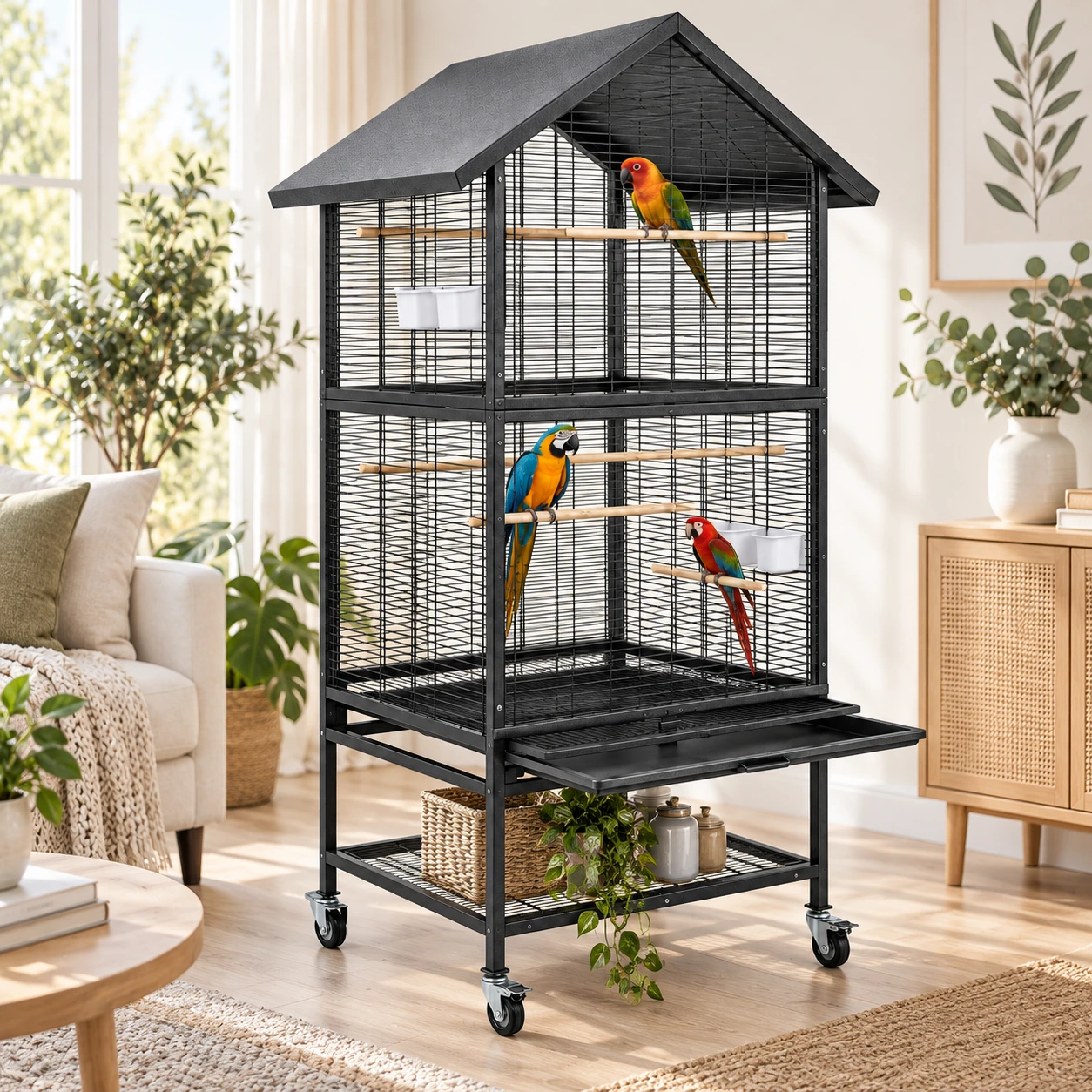 Vogelbur med stativ för papegojor och parakiter, 80 x 60 x 167 cm