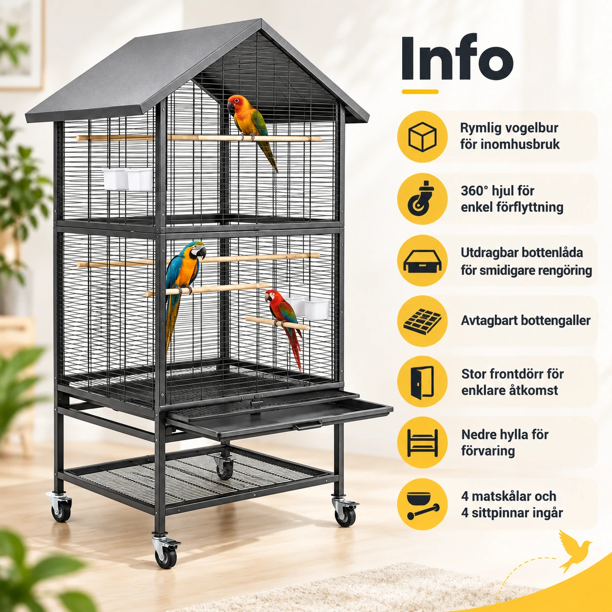 Vogelbur med stativ för papegojor och parakiter, 80 x 60 x 167 cm