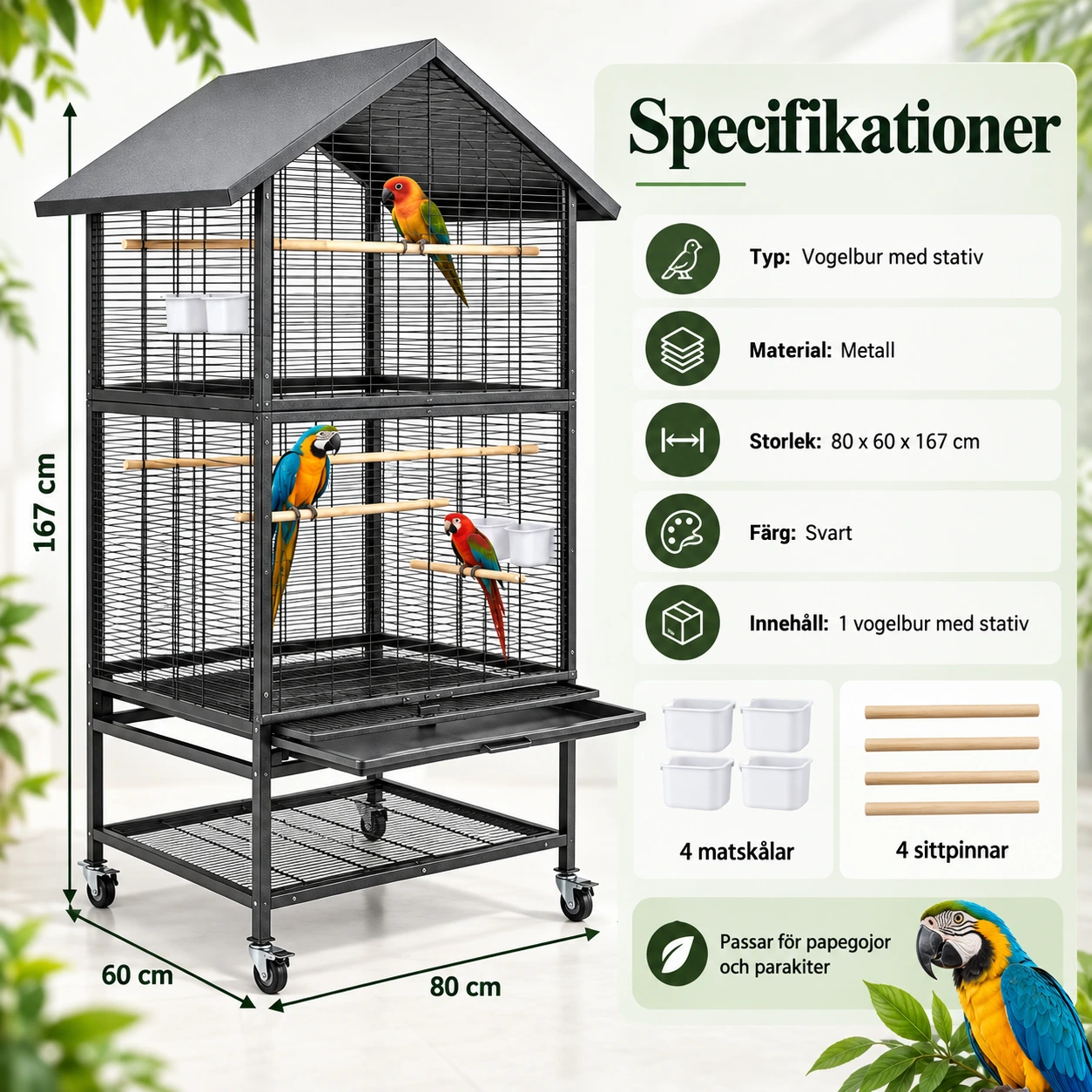 Vogelbur med stativ för papegojor och parakiter, 80 x 60 x 167 cm