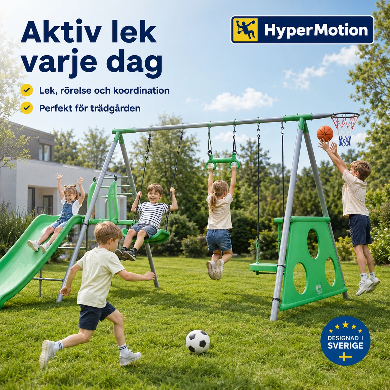 HyperMotion Lekställning för Barn med Gungor, Rutschkana, Basketkorg och Fotbollsmål, Grön