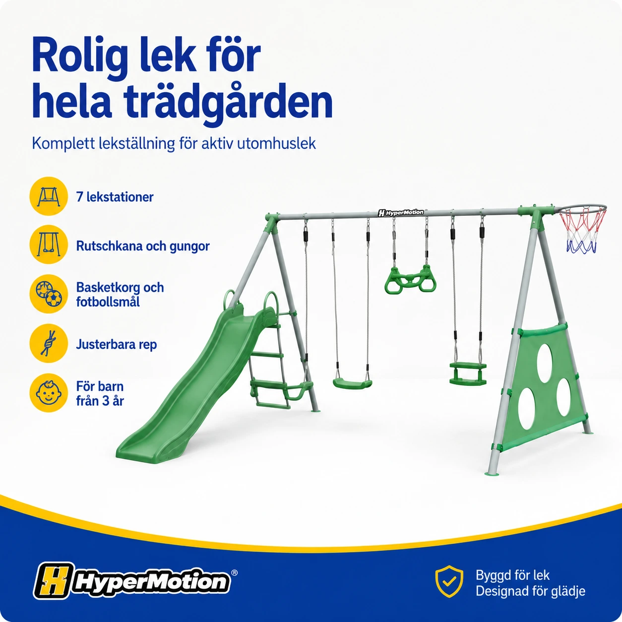 HyperMotion Lekställning för Barn med Gungor, Rutschkana, Basketkorg och Fotbollsmål, Grön