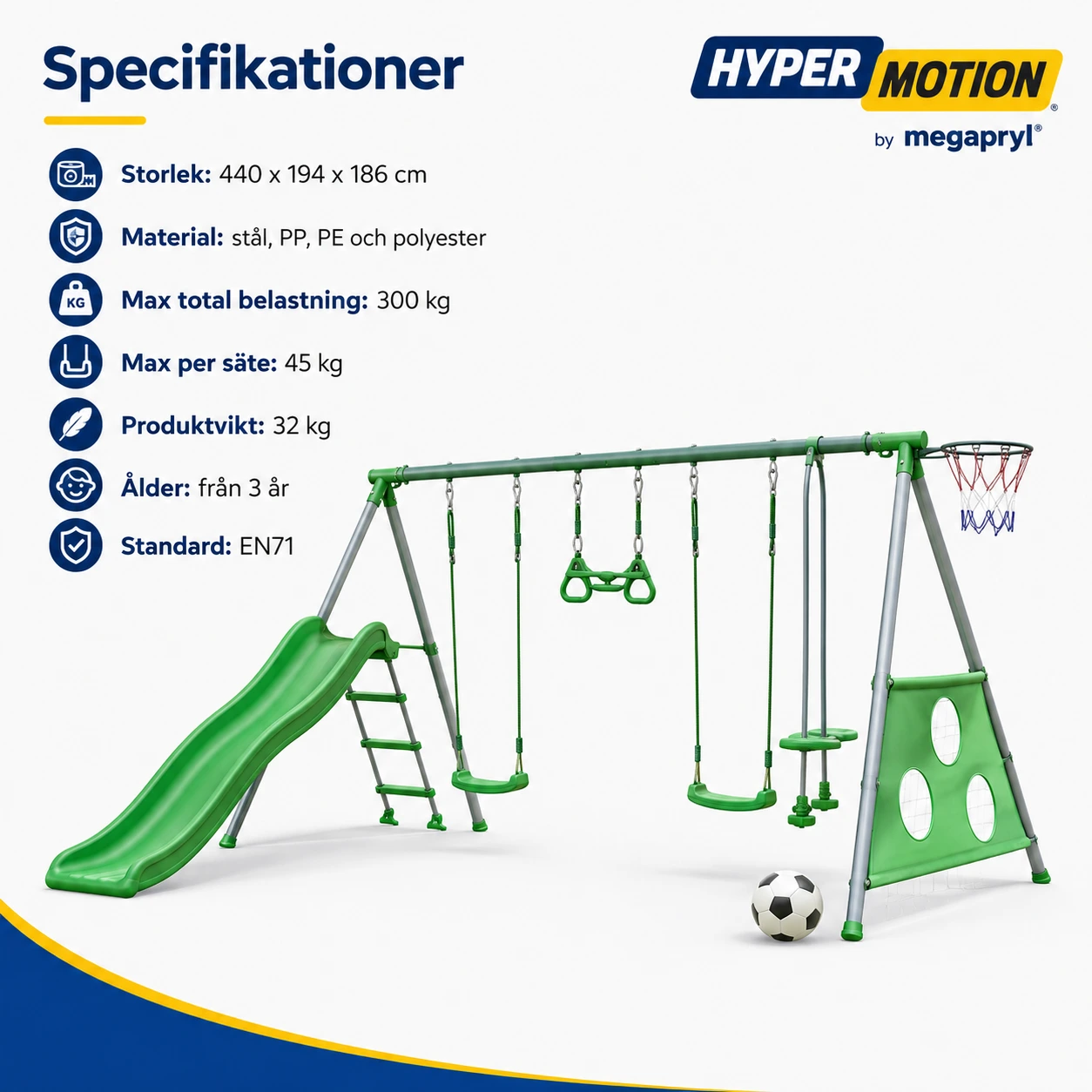 HyperMotion Lekställning för Barn med Gungor, Rutschkana, Basketkorg och Fotbollsmål, Grön
