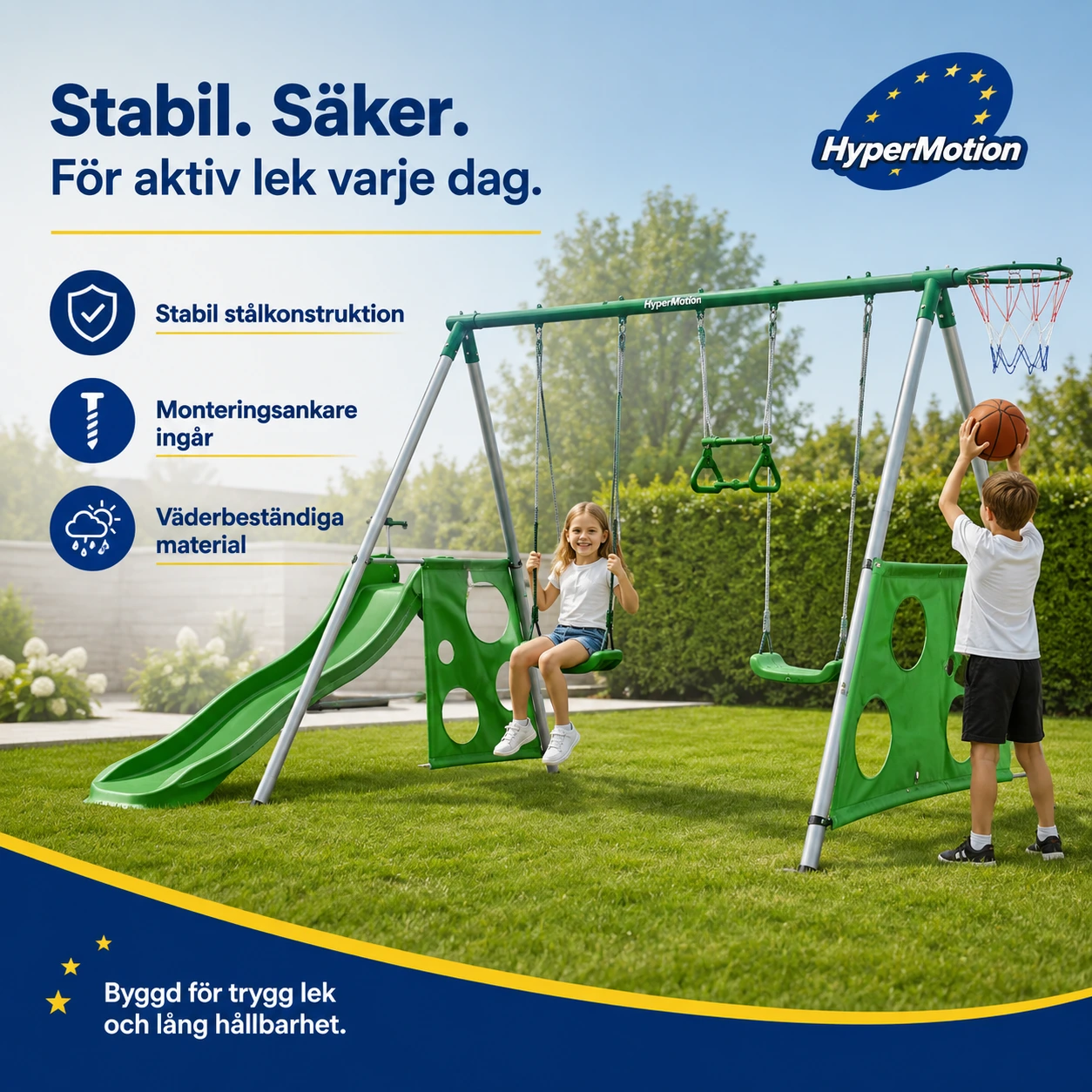HyperMotion Lekställning för Barn med Gungor, Rutschkana, Basketkorg och Fotbollsmål, Grön
