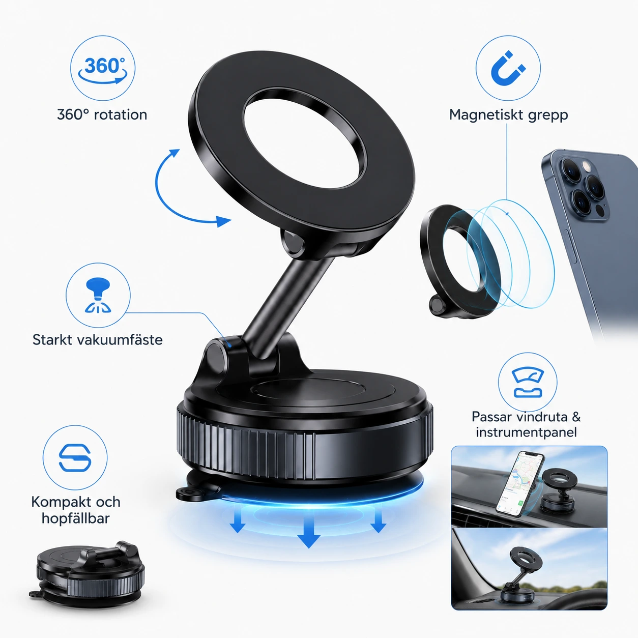 Magnetisk Mobilhållare för Bil med Sugkopp