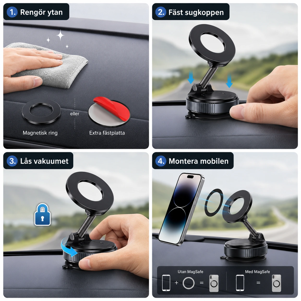 Magnetisk Mobilhållare för Bil med Sugkopp