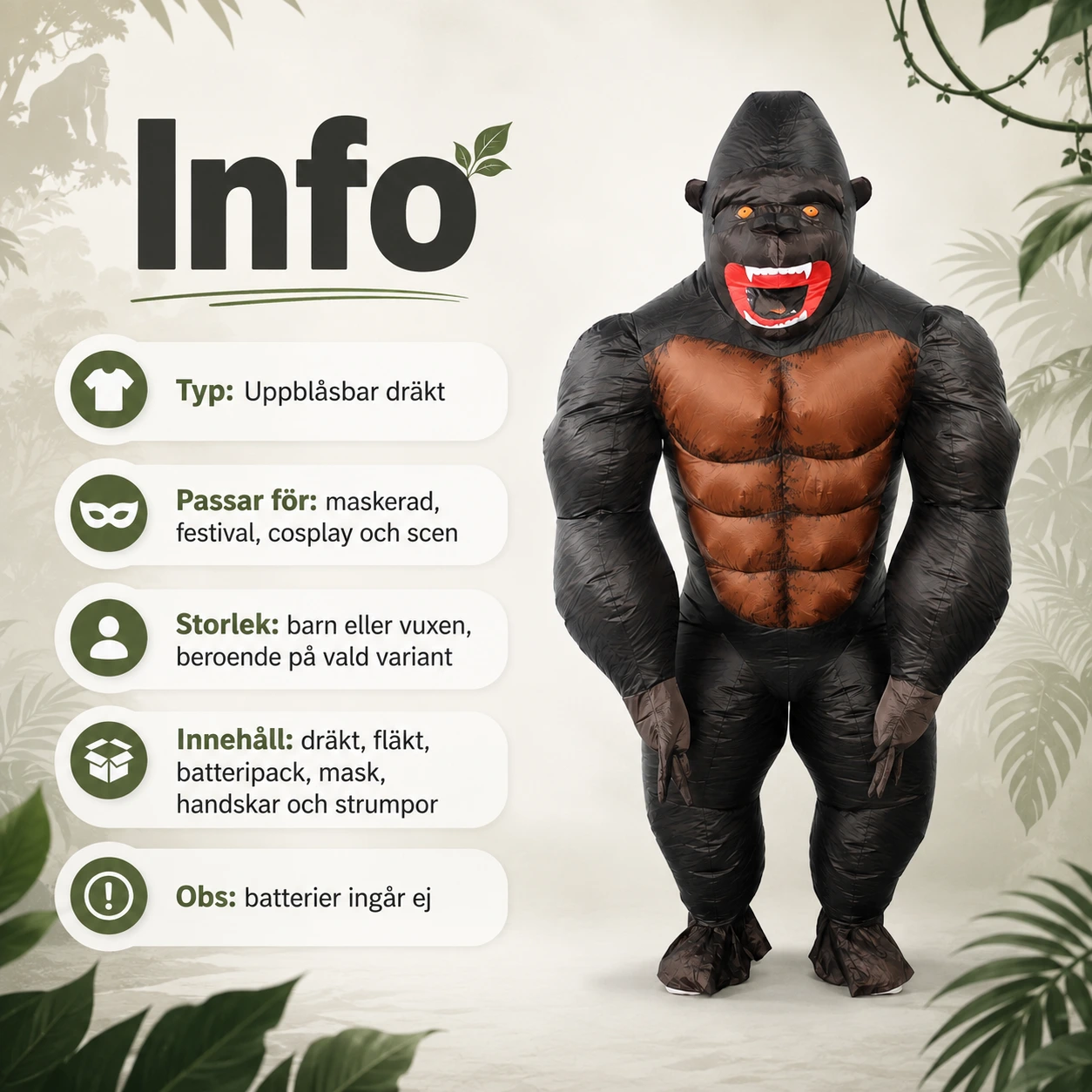 Uppblåsbar gorilladräkt för maskerad och cosplay