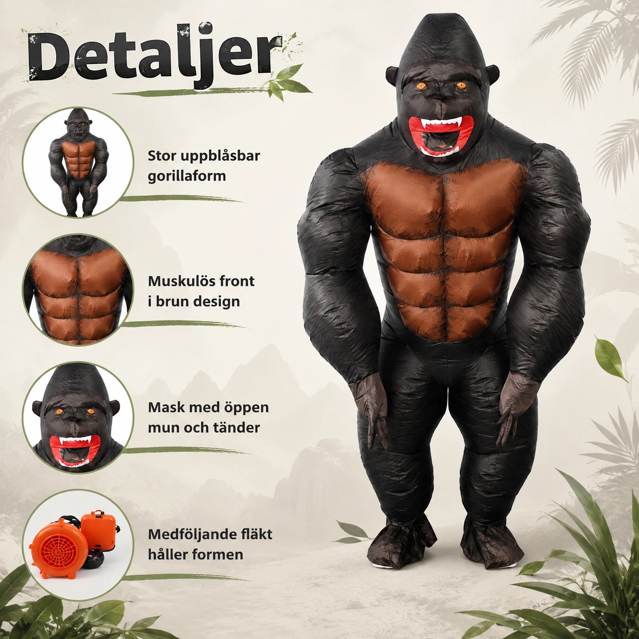 Uppblåsbar gorilladräkt för maskerad och cosplay