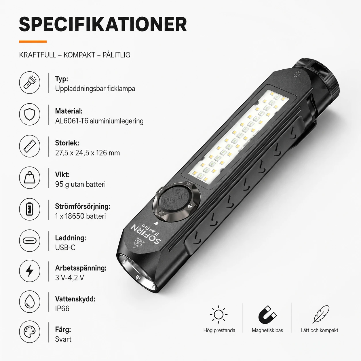 Uppladdningsbar ficklampa med sidoljus och magnet