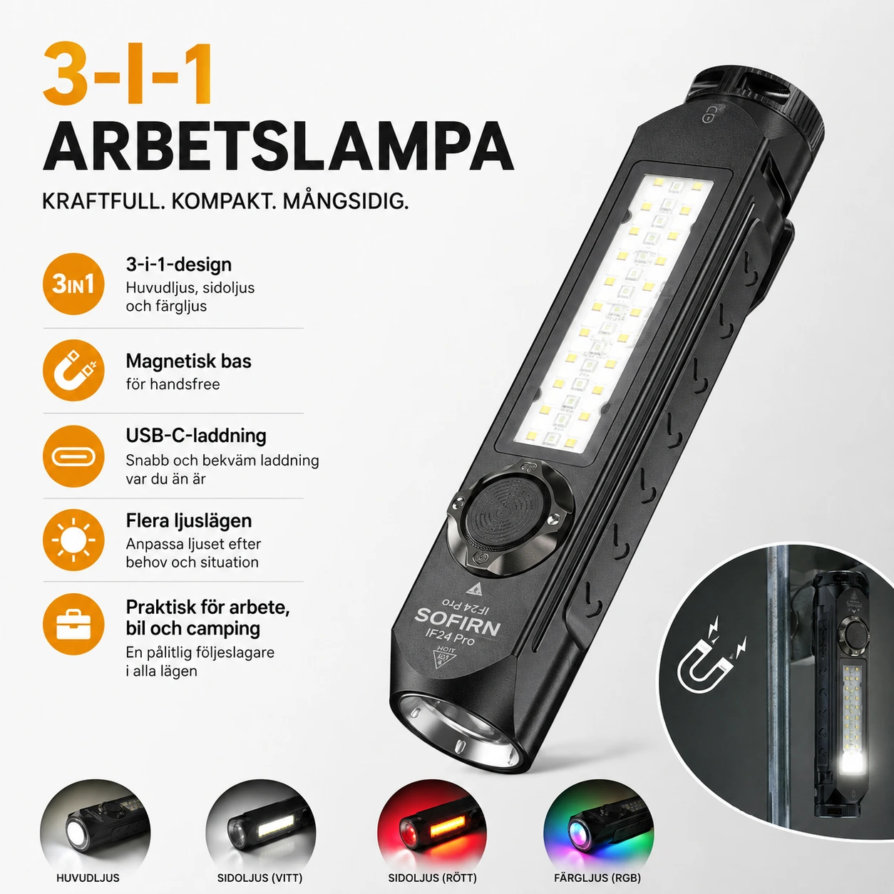 Uppladdningsbar ficklampa med sidoljus och magnet