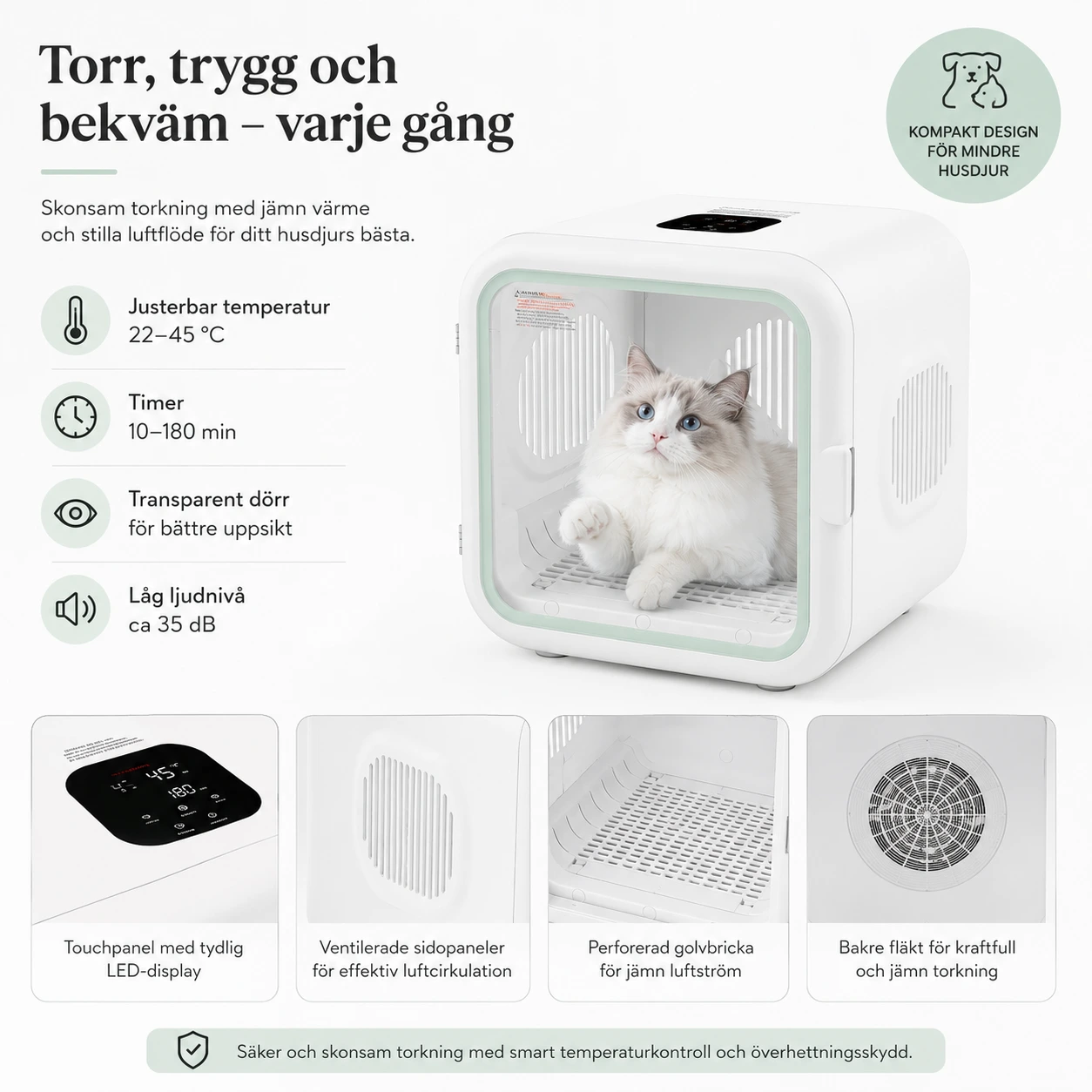 Torkbox för husdjur med temperaturkontroll och timer