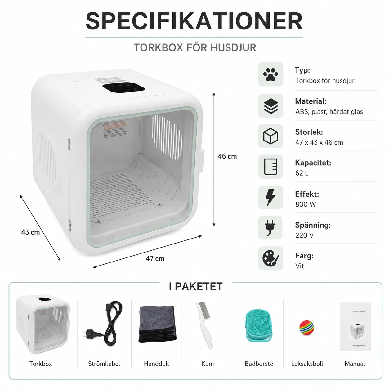 Torkbox för husdjur med temperaturkontroll och timer