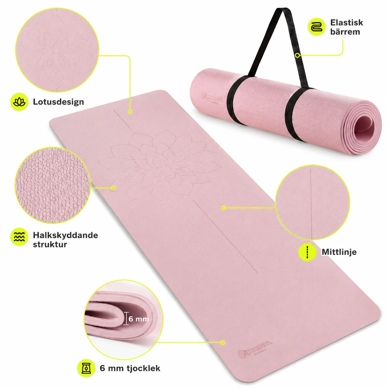 Yogamatta Lotus 6 mm i TPE med Bärrem Rosa